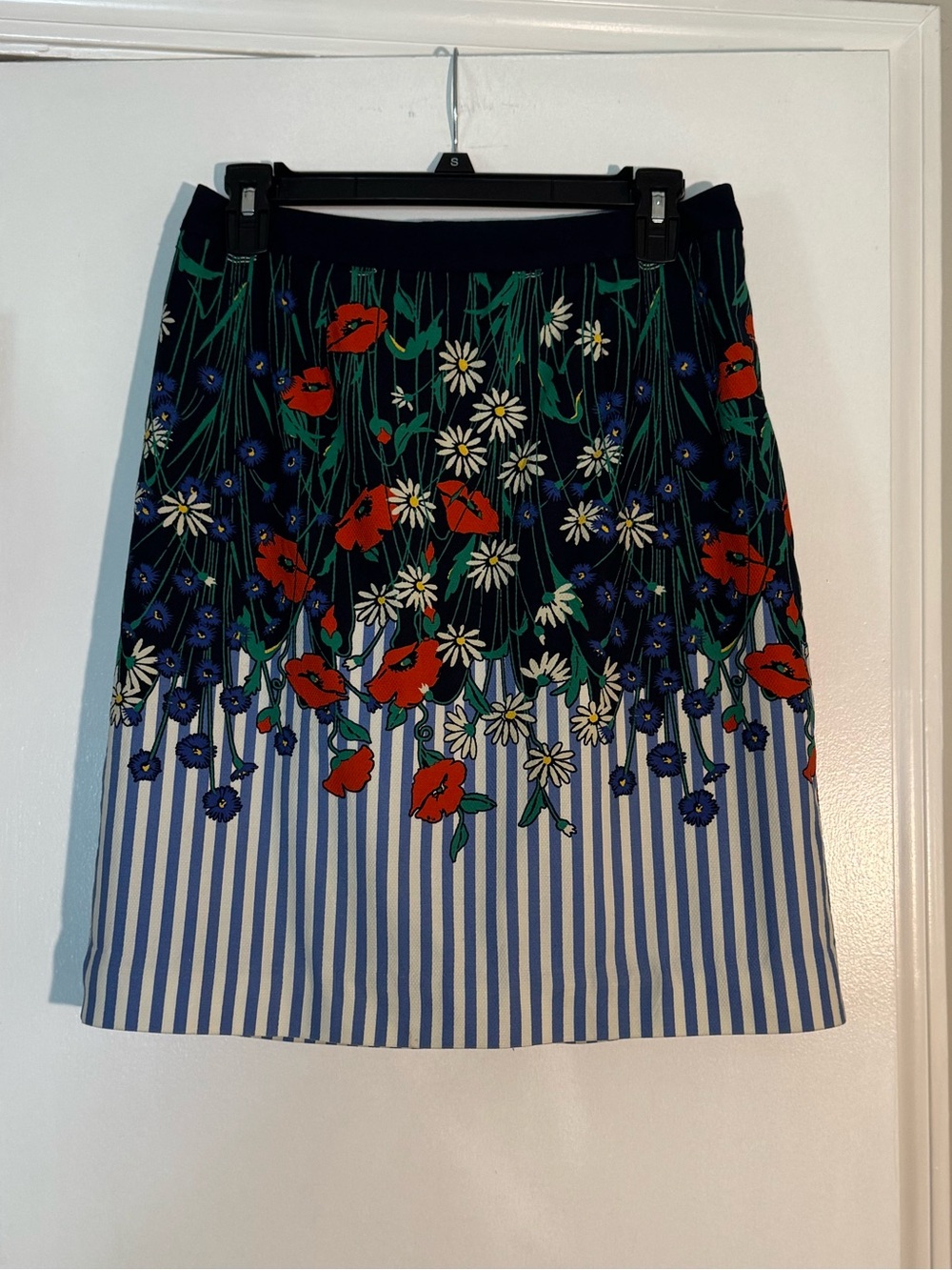 Anthropologie Floral Stripe A-Line Skirt Navy and White business casual office